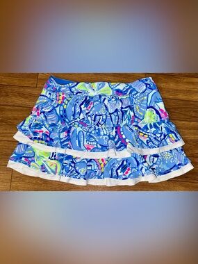 Lilly Pulitzer Large Luxletic Zela Skort “Pinch Pinch” Blue‎ and Pink Ruffle HTF